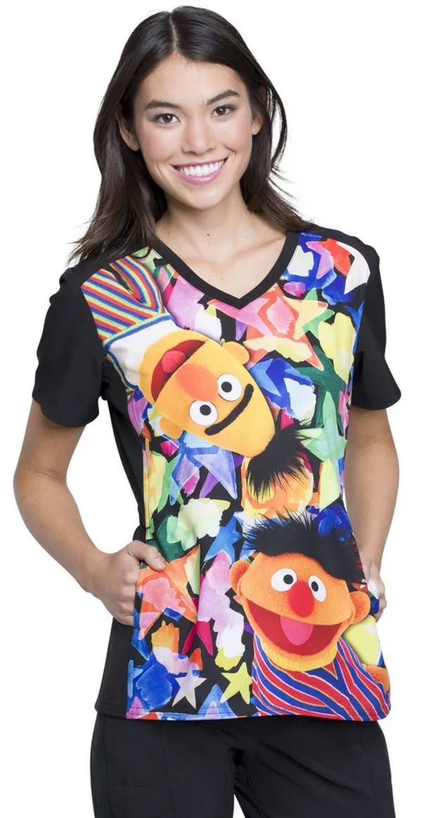 Sesame Street Bert and Ernie Scrub Top Women’s Nurse V Neck Pockets Medium - Image 2