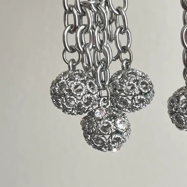 Dangle Earrings Silver Tone Chains Openwork Filigree Balls Fashion Jewelry 3.5in - Image 10