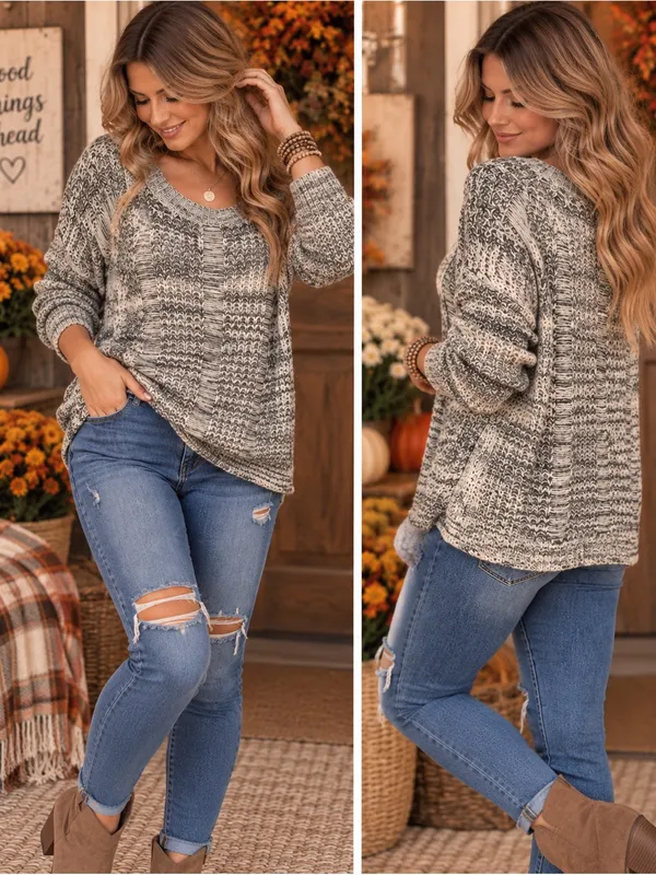 POL Marled Scoop Neck Sweater in Gray and Cream - Image 2