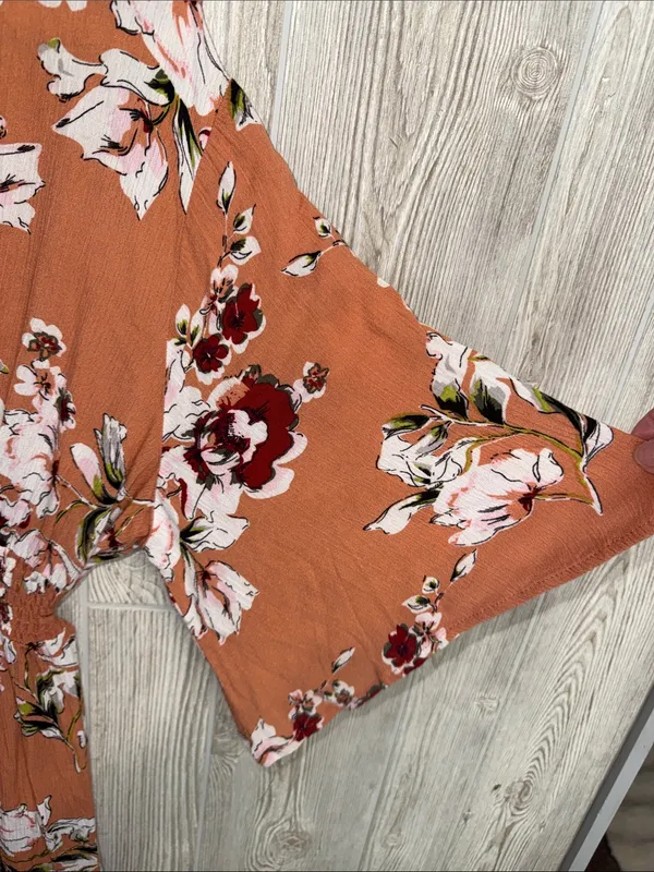 Rust Floral V-Neck Smocked Midi Dress - Image 4