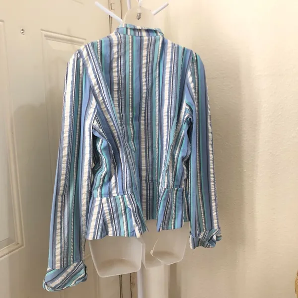 2000s Retro Blue white striped funky blazer jacket shirt top blouse button-up down long sleeve office siren core Size 12/L-Measurement in pics - Image 2