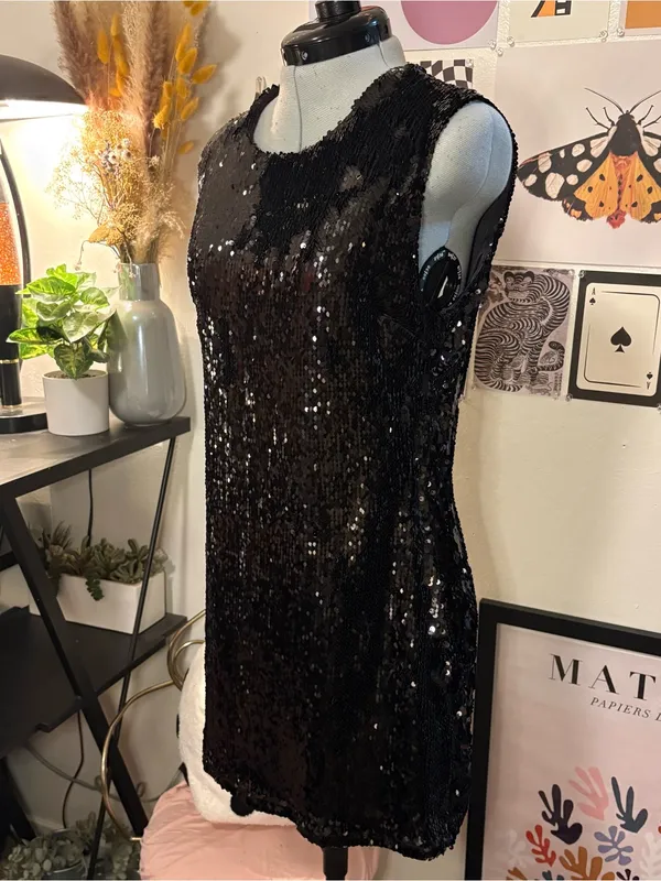 Forever 21 Black Sequin Mini Shift Dress Size Large - Image 3