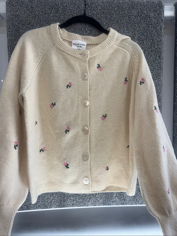 Cream Floral Embroidered Button-Up Cardigan Sweater - Image 2
