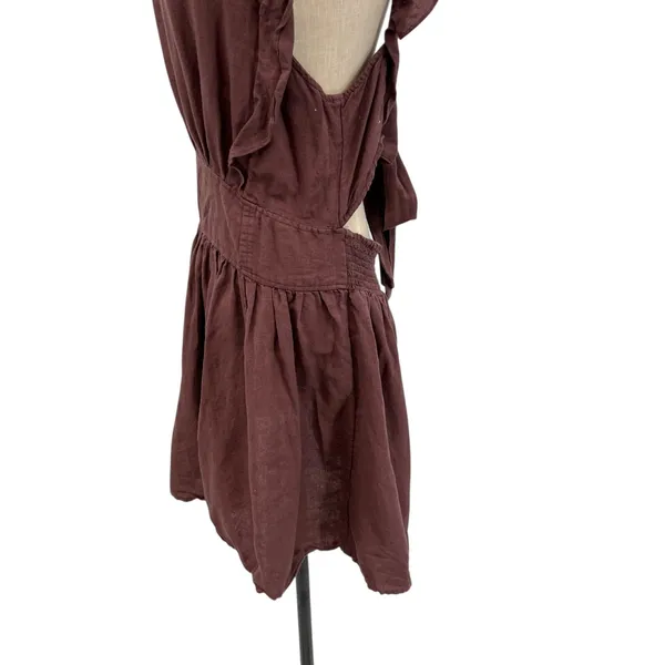 Free People Erin Ruffled Mini Dress Cut Out Back Linen Brown Size Large - Image 9