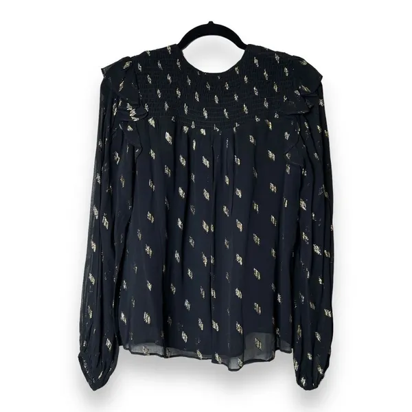 WHISTLES Metallic Dobby Ruffle Long Sleeve Blouse black‎ gold sheer Size 8 - Image 2