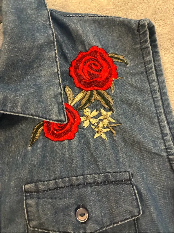 Women’s Cavalini Denim Sleeveless Button-Down Shirt - Red Rose Embroidery Size M - Image 2