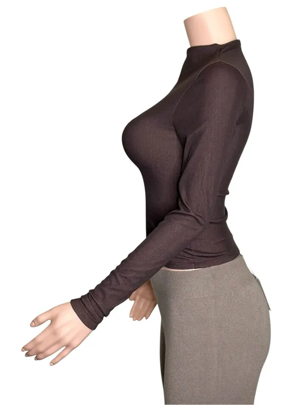 Kookai Lily Long Sleeve Ribbed Knit Mock Turtleneck Top, Ganache, FR36/US4 - Image 4