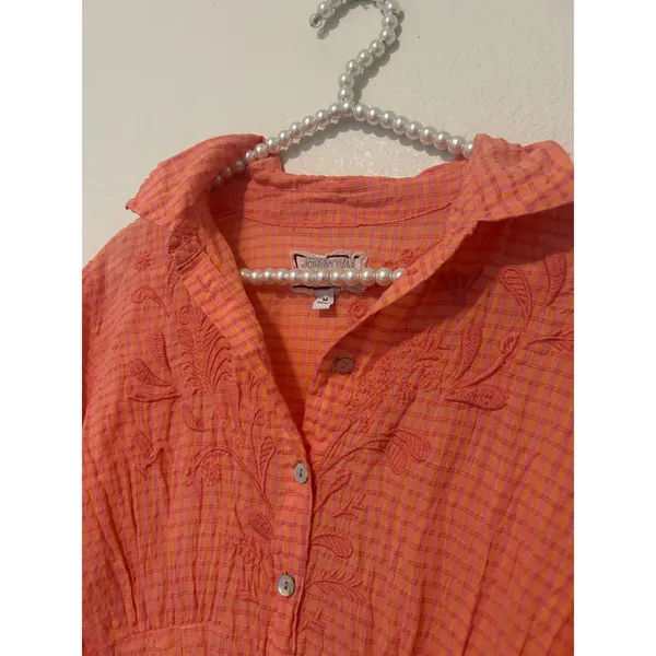 Johnny Was Size Medium Midi Dress Orla Puff Sleeve Embroidered Orange Preppy - Image 6