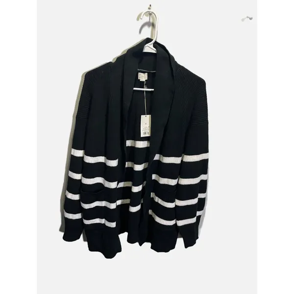 A‎ New Day Cardigan Women M Black Striped Shawl Collar Pockets Casual Nautical - Image 2