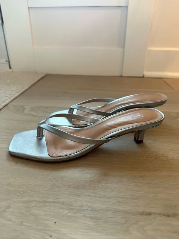 Anthropologie Silver Thong Kitten Heels - Image 5