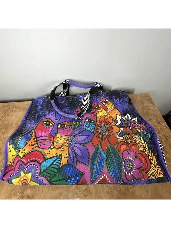 Laurel Burch Laurel's Garden Cats Floral Large Canvas Tote Bag Purple 20" - Image 2