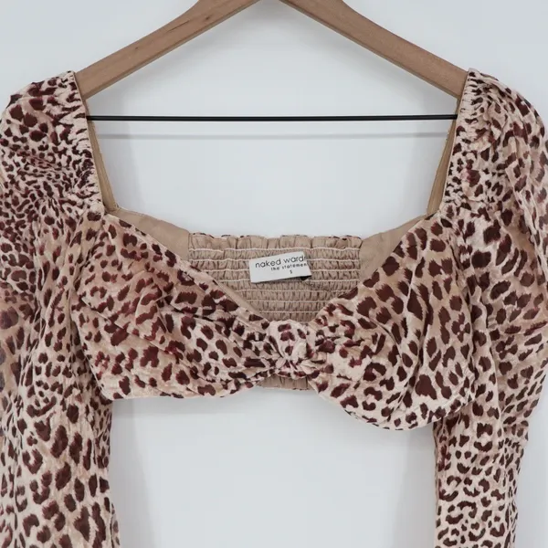 Naked Wardrobe Leopard Print Knot Front Puff Sleeve Crop Top Small - Image 3