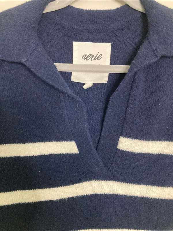 aerie Navy & White Striped V‑Neck Polo Sweater - Image 5
