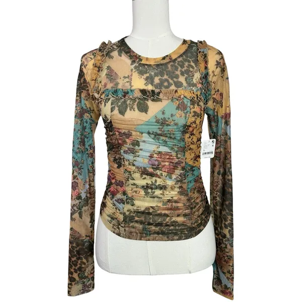 Free People Dainty Retro 90s Ariana Long Sleeve Top Taupe Combo Small - Image 5