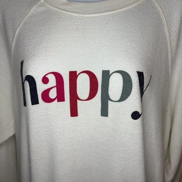 Red Dress Boutique Z Supply Happy Graphic Print Sweatshirt Ivory White Crew Neck Lightweight M - Image 3