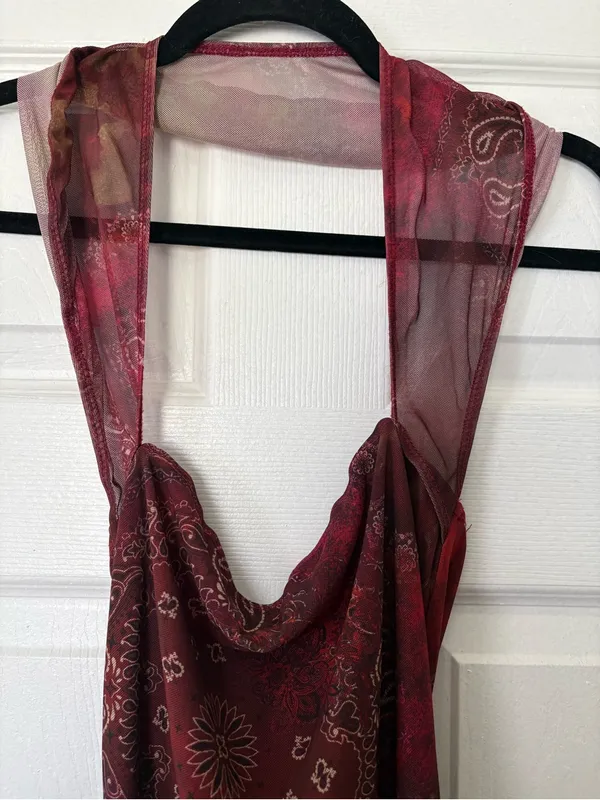 CIDER Red Paisley Mesh Halter Maxi Dress XS Y2K - Image 5