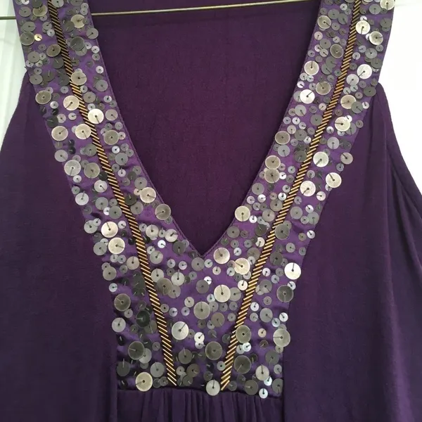 Rain Purple Disc Sequin Gold Bead V-Neck Viscose Top Small - Image 2