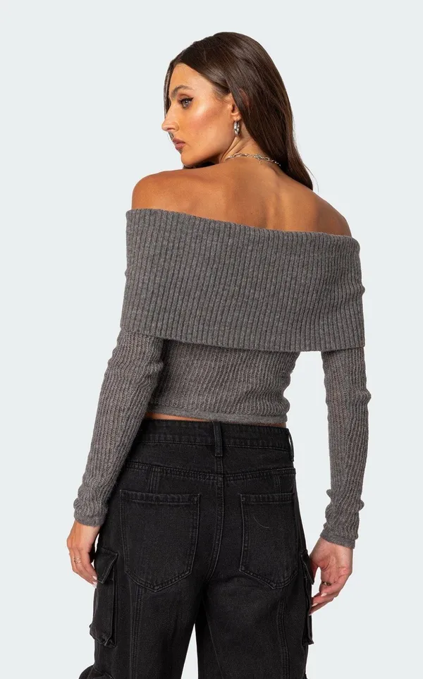 Off The Shoulder Gray Sweater - Image 3