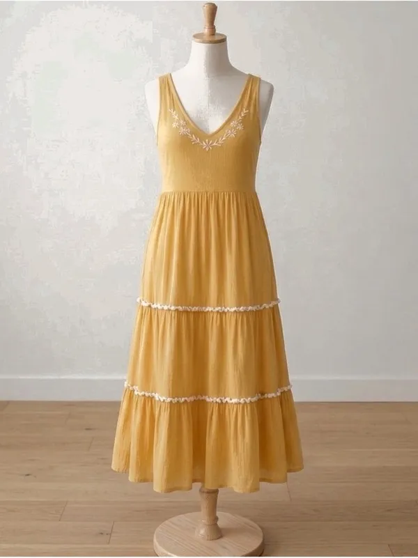 NEW Joie Mustard Sleeveless Tiered Midi Dress with Waist Sash SIZE 8 Boho - Image 3