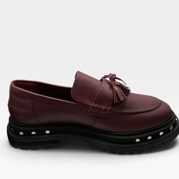 Free People Women Burgundy Leather Studded Tassel Platform Lug Sole Loafers 10 - Image 9