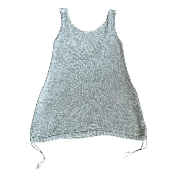 Knit Beach Cover Up Mini Dress Ruched Side Drawstring Scoop Back Light Blue - Image 5