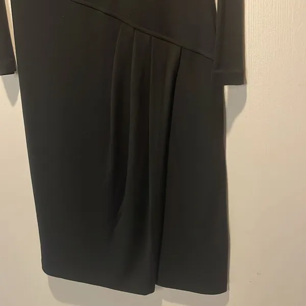 Talbots- Black Wool Blend Long Sleeve Side Ruched Faux Wrap Midi Dress- Size XS - Image 5