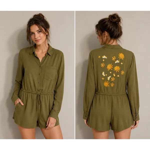 Lunik Olive Embroidered Floral Romper Size M‎ NWT Boho Utility Casual Outfit - Image 2