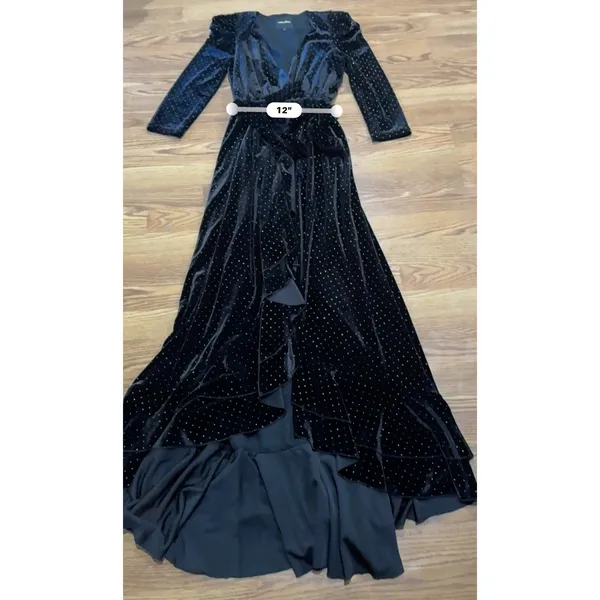 Retrofête Flora Black Velvet Polka Dot Wrap Dress Women’s Size Small - Image 4