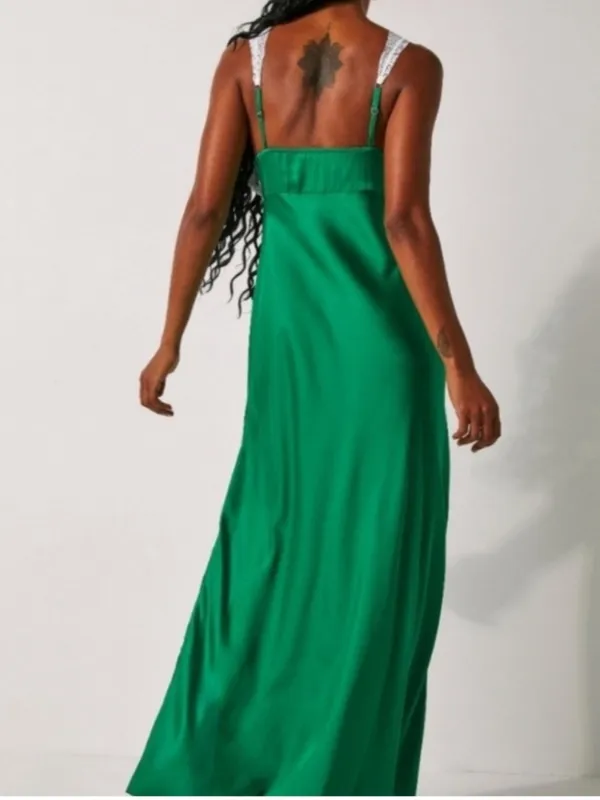 Free People FP Women’s Countryside White Green Satin Maxi Slip Dress Size Large - Image 5