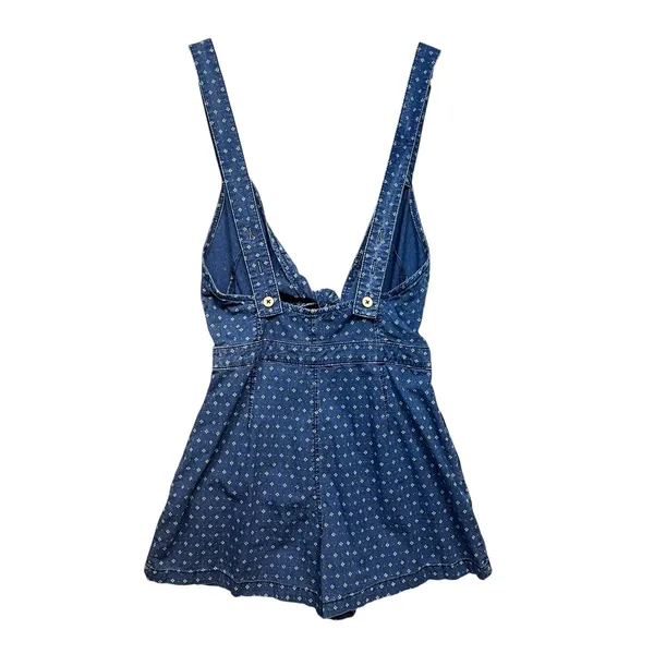 Free People Blue‎ Diamond Print Tie Front Denim Romper Sleeveless Cutout XS - Image 2