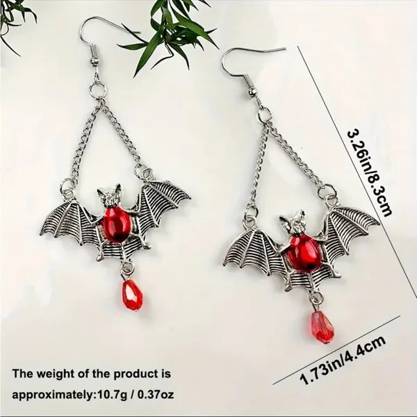 Gothic Bat Wing Vibrant Red Synthetic Gemstone Drop Earrings‎ Silver Plated - Image 7