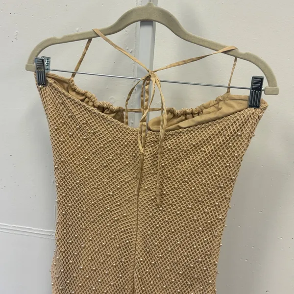 Oh Polly Pearl Embellished Fishnet Mini Dress Tan Halter Bodycon US 4 Beach - Image 6