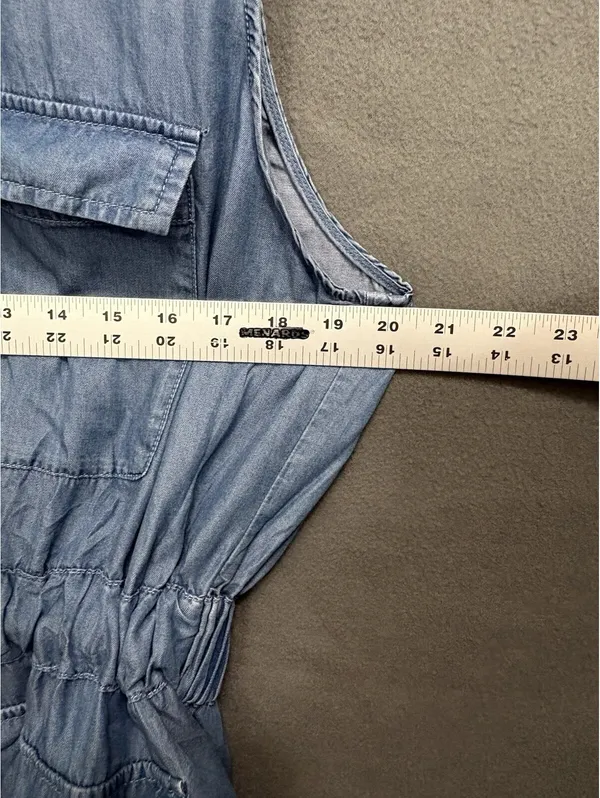 Women’s Blue Denim Shirt Dress Sleeveless Collared Button Drawstring Pockets L - Image 6