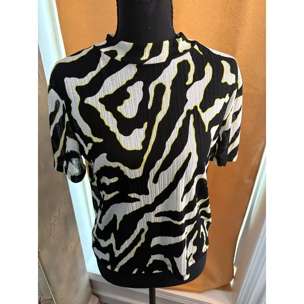 Zara Trafaluc Zebra Print Short Sleeve Top Black White Yellow Mock Neck Small - Image 2