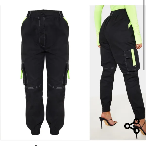 Black Contrast Stitch Neon Trim Cuffed Cargo Pants J - Image 3