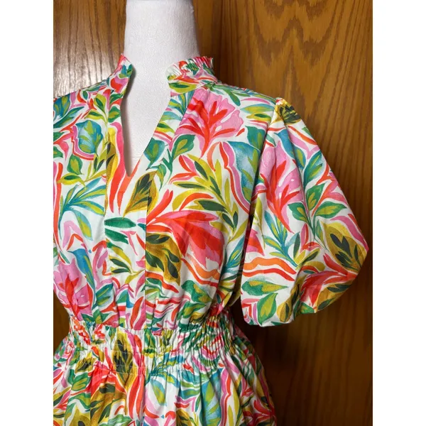 THML Tropical Leaf Print Smocked Waist Puff Sleeve Tiered Mini Dress Small - Image 3