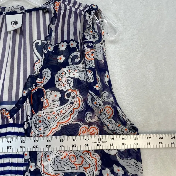 Cabi Paisley Blouse Sleeveless Ruffle Trim Sheer Top Blue Orange Size‎ M - Image 2