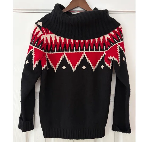Lauren Ralph Lauren Fair Isle Cowl Neck Sweater Black Red Wool Blend Small - Image 3