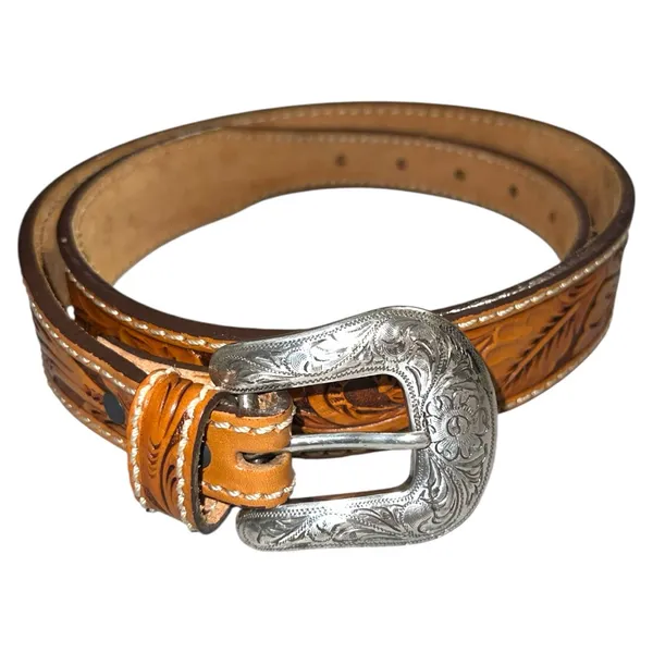 Tony Lama tan leather tooled belt with silver etched design buckle! New!!! - Image 3