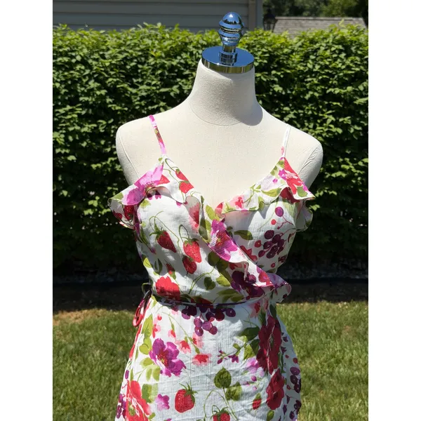 NEW Abercrombie Strawberry Floral‎ Ruffle Wrap Midi Autumn Wedding Guest Dress - Image 3