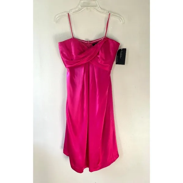 Nicole Miller Sz 8 Hot Pink Strapless Satin Cocktail Midi Lined Dress Back Zip - Image 3