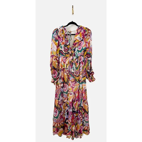 Anthropologie Odetta Ruffled V Neck Dress in Patterned Multi Print Medium - Image 6