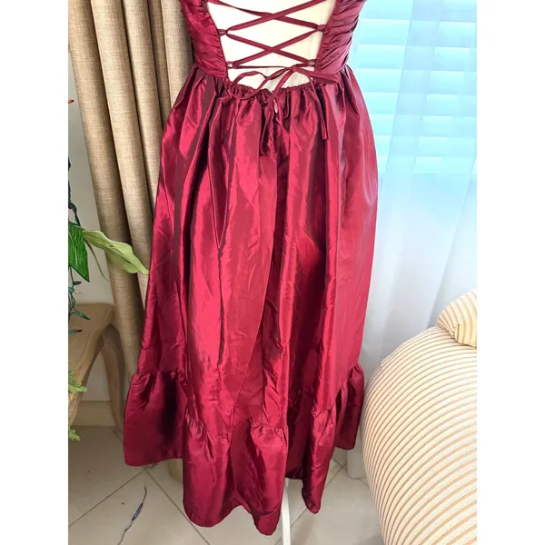 Lulus Poised Passion Wine Red Taffeta Pleated Ruffled Midi Dress - Image 10