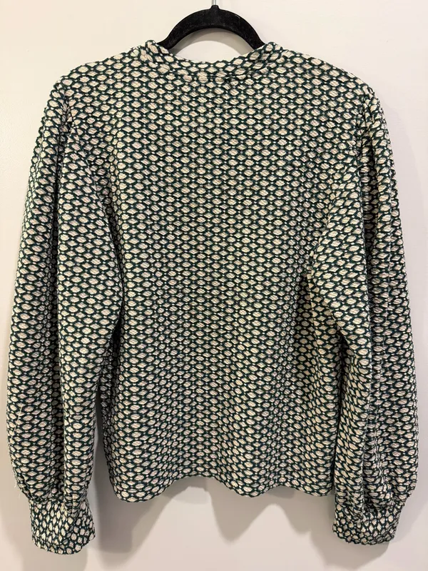 Maeve for Anthropologie Geo Patterned Textured Balloon Sleeve Sweater Green and Cream - Image 2