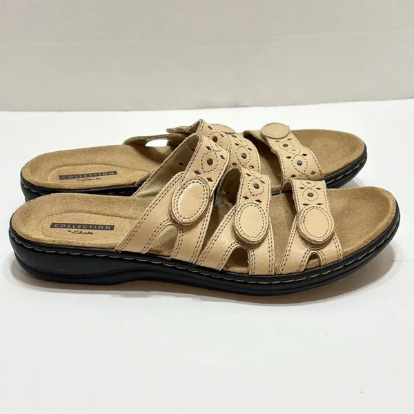 Clarks Leisa Cacti Q Women's Size 8N Sandals Leather Beige Slide - Image 2