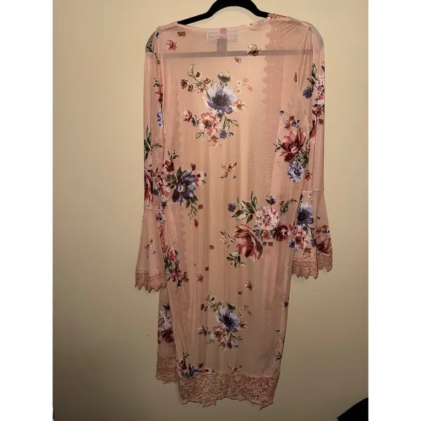 Polly & Esther Fairycore Peach Floral Mesh Duster Cardigan Bell Sleeve Lace L Layering Ethereal - Image 5