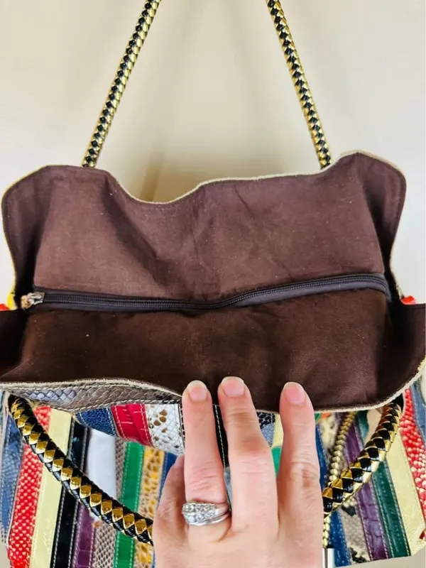 Multicolor Snake Embossed Striped Patchwork Tote Purse Shoulder Bag Crossbody - Image 7