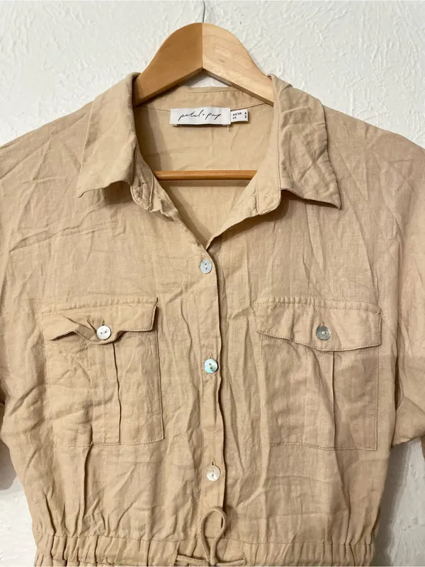 Petal & Pup Beige Tie-Waist Shirt Dress Size 2 Linen Blend - Image 3