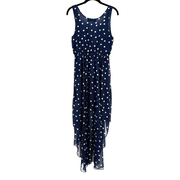 Akira Chicago Polka Dot Chiffon Hi-Lo Dress S Navy Sleeveless Nautical Old Money - Image 2
