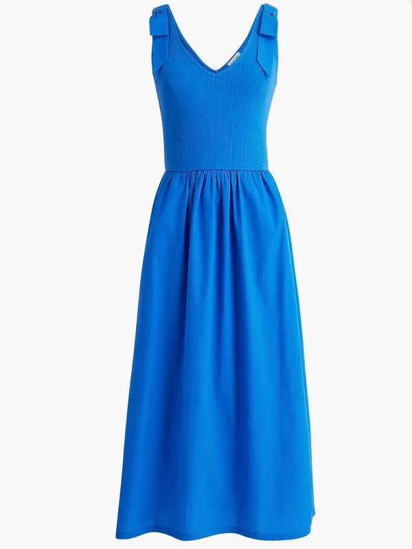 J Crew Sleeveless V-Neck Ribbed Knit Tank Bodice Midi Dress Bow Straps - Image 2